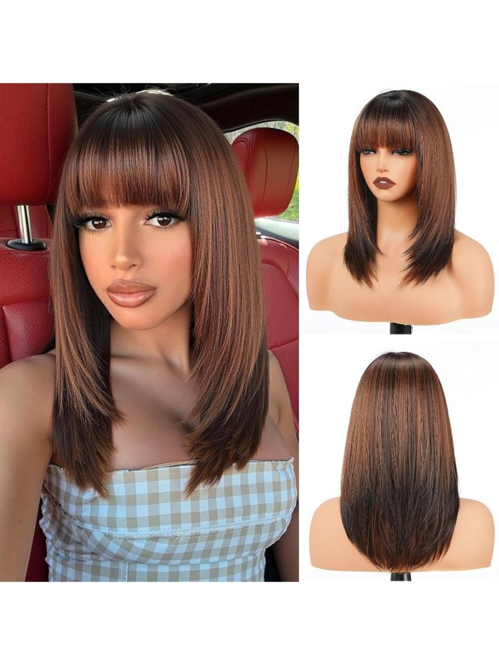 Women's 16 Inch Auburn Highlight Wig Bangs Layered Straight Shoulder Length